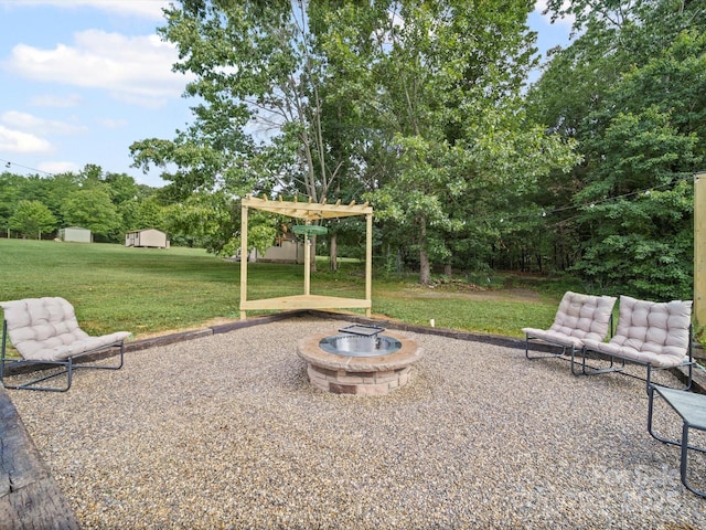 3471 Greentree Acres Rd, Valdese, NC 28690 - view of patio with an outdoor fire pit, a shed, and a pergola