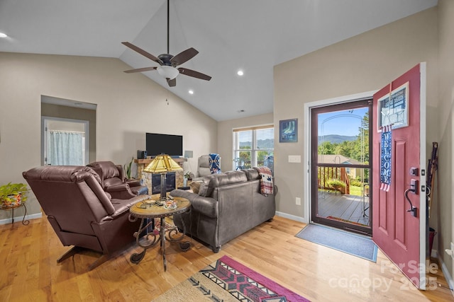 2369 Saratoga Run, Morganton, NC 28655 - living area featuring recessed lighting, light wood-style floors, ceiling fan, and high vaulted ceiling