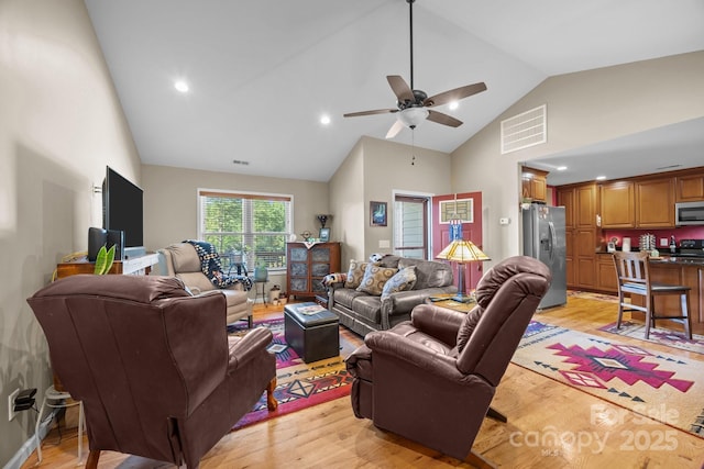 2369 Saratoga Run, Morganton, NC 28655 - living area featuring light wood-type flooring, ceiling fan, high vaulted ceiling, and recessed lighting