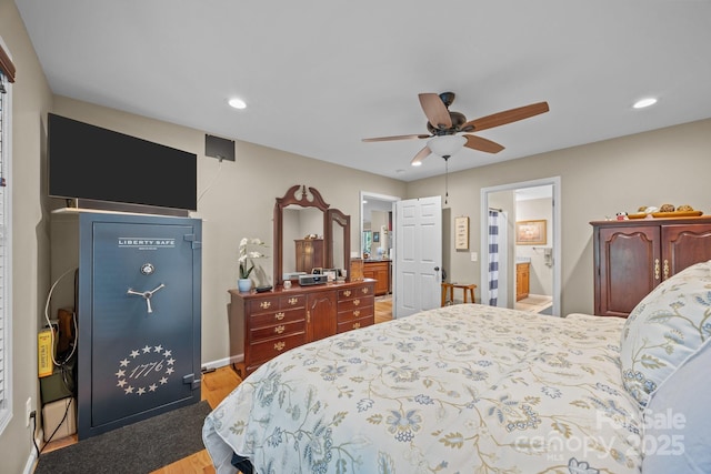 2369 Saratoga Run, Morganton, NC 28655 - bedroom with wood finished floors, recessed lighting, connected bathroom, and a ceiling fan
