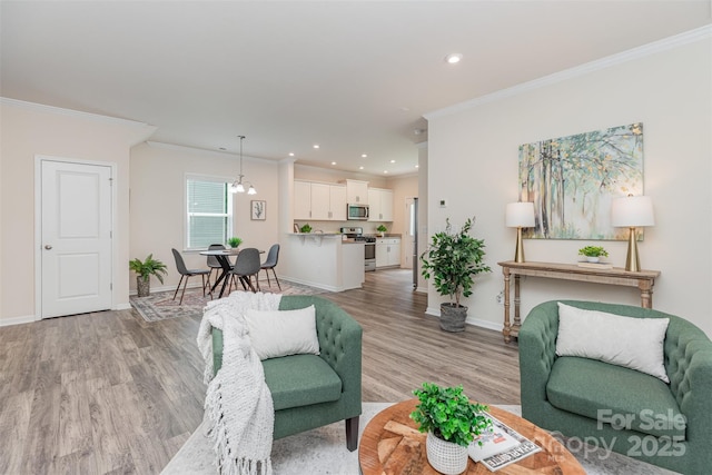 1514 Starmount Cove Ln, Charlotte, NC 28210 - living room with ornamental molding, light wood-type flooring, and recessed lighting