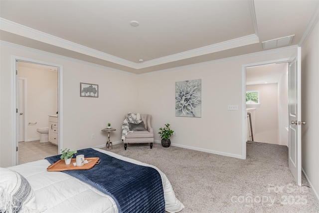1514 Starmount Cove Ln, Charlotte, NC 28210 - bedroom with ornamental molding, light carpet, and connected bathroom