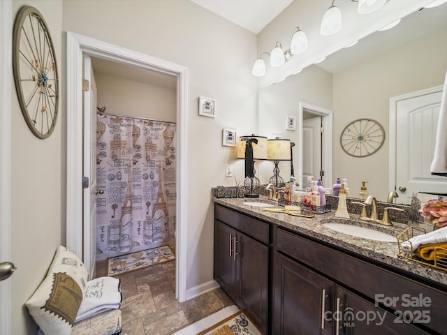 9428 Carneros Creek Rd, Charlotte, NC 28214 - full bath with stone tile flooring, double vanity, and a shower with shower curtain