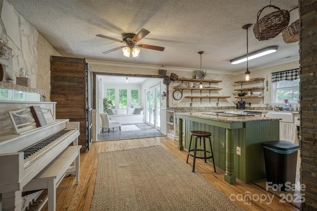 665 Will Robbins Ln, Newland, NC 28657 - kitchen featuring green cabinets, open shelves, a ceiling fan, light wood-style flooring, and a textured ceiling