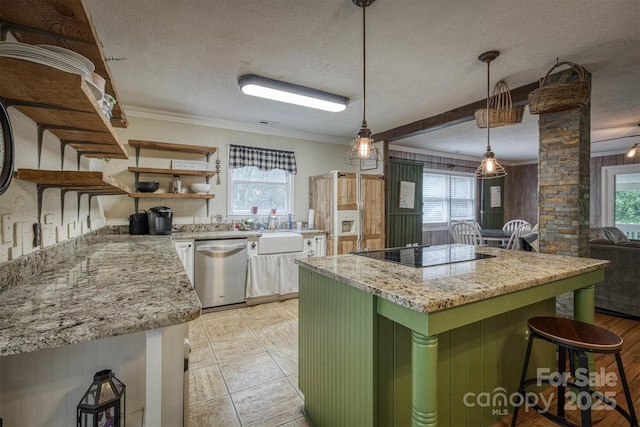 665 Will Robbins Ln, Newland, NC 28657 - kitchen with dishwasher, open shelves, green cabinetry, black electric stovetop, and decorative columns