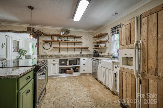 665 Will Robbins Ln, Newland, NC 28657 - kitchen with stainless steel appliances, green cabinetry, open shelves, ornamental molding, and a textured ceiling