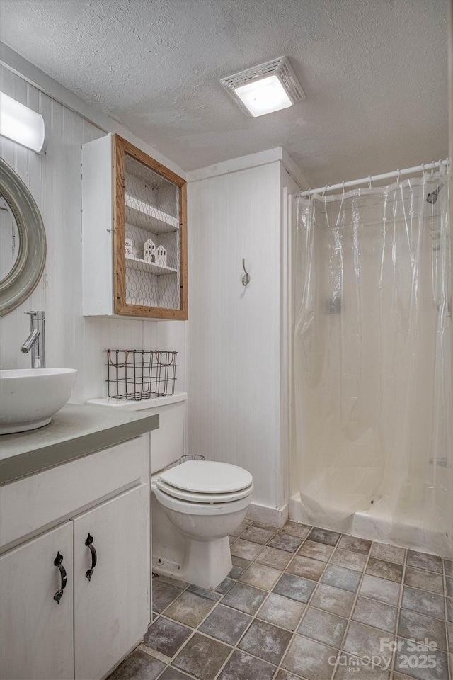 665 Will Robbins Ln, Newland, NC 28657 - full bath featuring vanity, a textured ceiling, curtained shower, wood walls, and stone finish floors