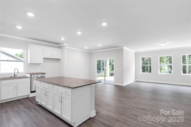 5244 Admirals Lndg, Lancaster, SC 29720 - kitchen with dishwasher, ornamental molding, open floor plan, a center island, and dark wood-style floors