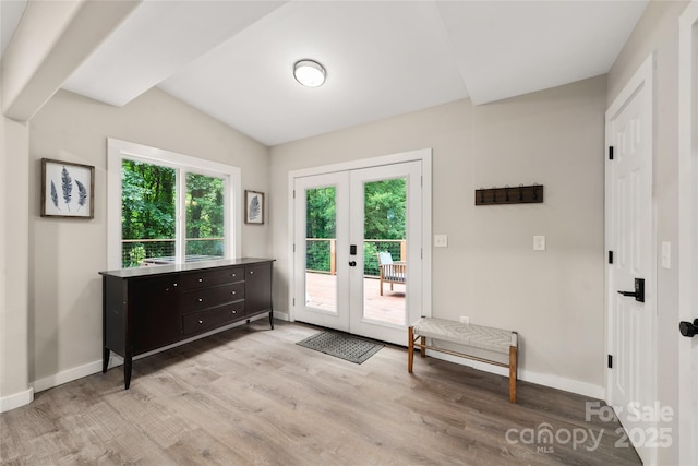 204 Terrys Gap Loop Rd, Fletcher, NC 28732 - doorway to outside with french doors, light wood-type flooring, and lofted ceiling
