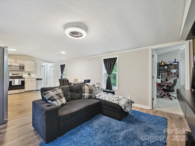 1140 Randall Ct, Concord, NC 28025 - living room with light wood finished floors, healthy amount of natural light, vaulted ceiling, a textured ceiling, and a desk