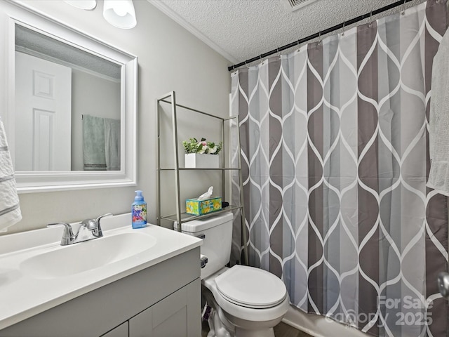1140 Randall Ct, Concord, NC 28025 - full bathroom featuring ornamental molding, a textured ceiling, vanity, and a shower with shower curtain