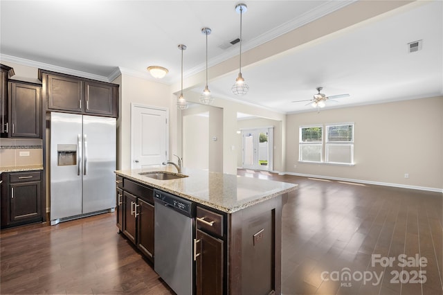 921 Summerlake Dr, Fort Mill, SC 29715 - kitchen with stainless steel appliances, crown molding, dark brown cabinets, dark wood-type flooring, and ceiling fan