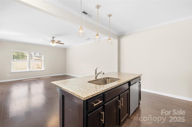 921 Summerlake Dr, Fort Mill, SC 29715 - kitchen featuring stainless steel dishwasher, a ceiling fan, crown molding, pendant lighting, and light stone countertops