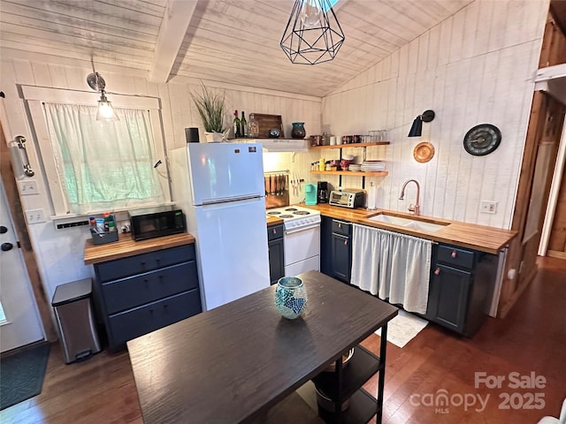 849 Camp Hill Rd, Mill Spring, NC 28756 - kitchen with white appliances, butcher block counters, dark wood-style flooring, wooden walls, and wood ceiling