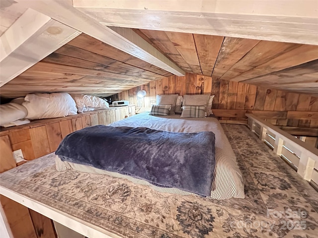 849 Camp Hill Rd, Mill Spring, NC 28756 - bedroom featuring wooden walls, wooden ceiling, vaulted ceiling, and carpet floors