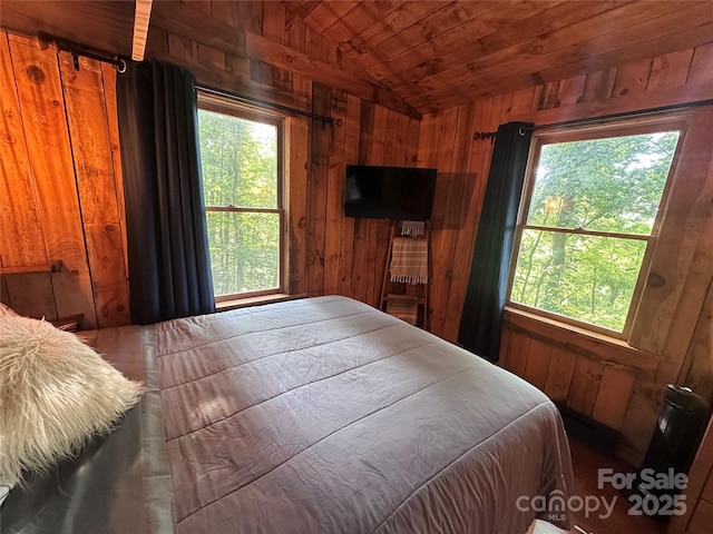 849 Camp Hill Rd, Mill Spring, NC 28756 - bedroom featuring wood walls, wood ceiling, and vaulted ceiling
