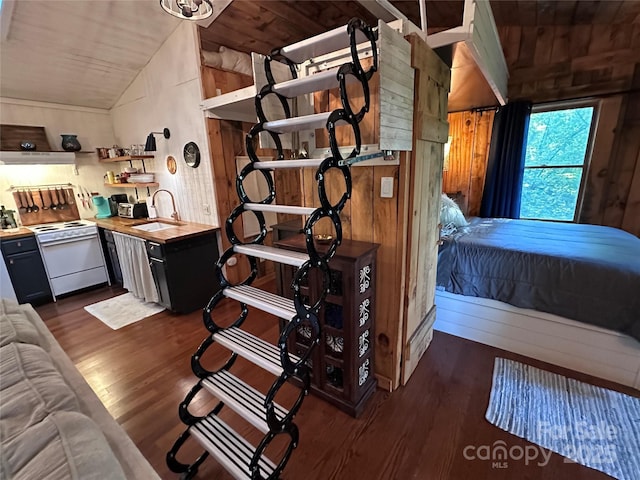 849 Camp Hill Rd, Mill Spring, NC 28756 - kitchen with open shelves, ventilation hood, lofted ceiling, dark wood finished floors, and wooden ceiling