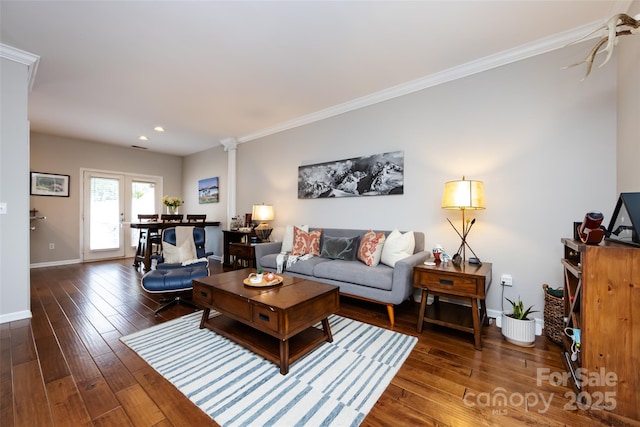 432 W Worthington Ave, Charlotte, NC 28203 - living area with decorative columns, hardwood / wood-style flooring, crown molding, and recessed lighting