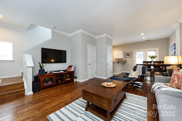 432 W Worthington Ave, Charlotte, NC 28203 - living area with hardwood / wood-style flooring, crown molding, recessed lighting, and stairway