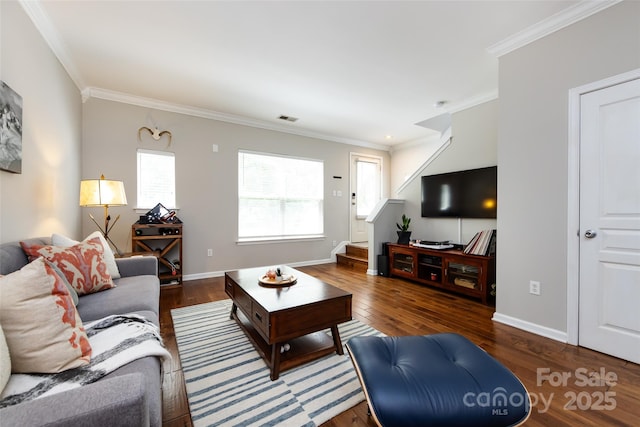432 W Worthington Ave, Charlotte, NC 28203 - living room with ornamental molding, stairway, and wood finished floors