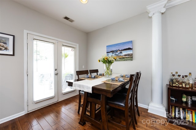 432 W Worthington Ave, Charlotte, NC 28203 - dining space featuring ornate columns, french doors, and dark wood-style floors