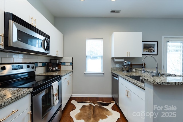 432 W Worthington Ave, Charlotte, NC 28203 - kitchen featuring stainless steel appliances, healthy amount of natural light, tasteful backsplash, dark wood-style flooring, and recessed lighting
