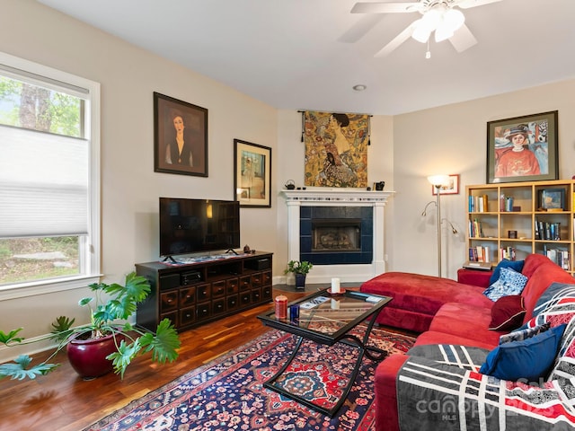 91 Talon Trail Ln, Etowah, NC 28729 - living room with plenty of natural light, wood finished floors, a ceiling fan, and a fireplace