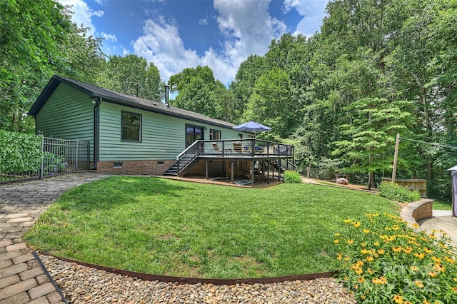 6411 Glenn Teague Rd, Charlotte, NC 28216 - back of property featuring stairway, crawl space, and a wooden deck