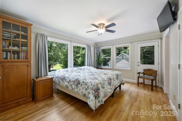 6411 Glenn Teague Rd, Charlotte, NC 28216 - bedroom featuring light wood-type flooring, ornamental molding, and a ceiling fan