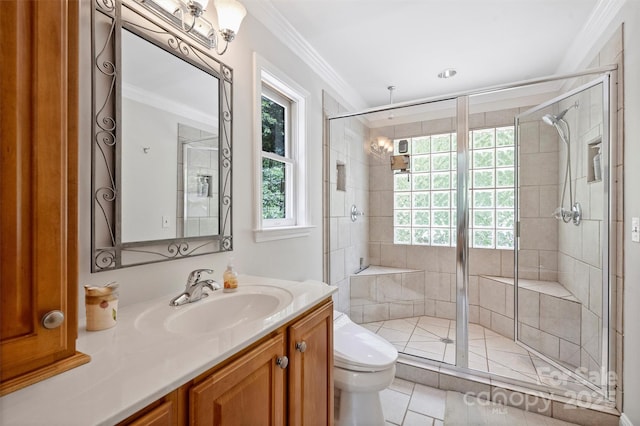 6411 Glenn Teague Rd, Charlotte, NC 28216 - full bathroom featuring ornamental molding, vanity, a shower stall, and tile patterned floors
