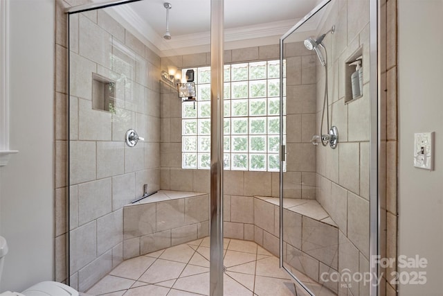 6411 Glenn Teague Rd, Charlotte, NC 28216 - bathroom featuring crown molding, a tile shower, and tile patterned flooring
