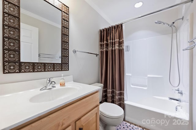 6411 Glenn Teague Rd, Charlotte, NC 28216 - bathroom featuring ornamental molding, vanity, and shower / bathtub combination with curtain