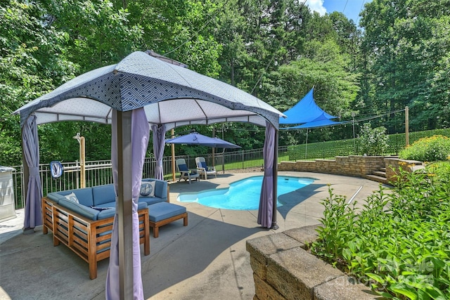 6411 Glenn Teague Rd, Charlotte, NC 28216 - view of pool featuring a gazebo, an outdoor hangout area, a patio, a fenced backyard, and view of scattered trees