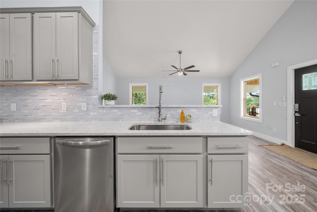 2513 Rolfe St, Hendersonville, NC 28791 - kitchen with dishwasher, lofted ceiling, gray cabinetry, decorative backsplash, and light wood-style floors