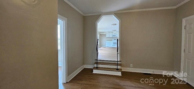 2828 Bellhaven Cir, Charlotte, NC 28214 - hallway with ornamental molding and wood finished floors