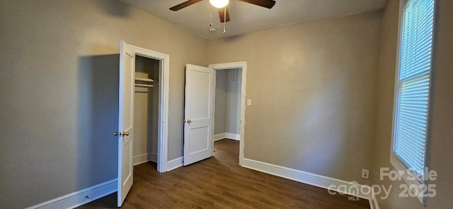 2828 Bellhaven Cir, Charlotte, NC 28214 - unfurnished bedroom with dark wood-style flooring, a closet, and ceiling fan