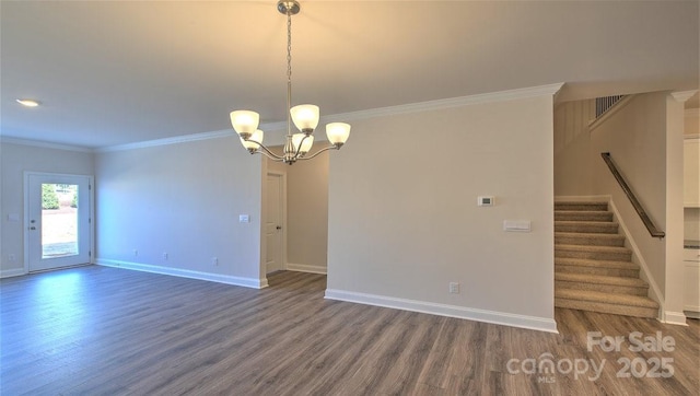 122 Sugg Trl, Weaverville, NC 28787 - spare room featuring wood finished floors, stairs, a chandelier, and crown molding