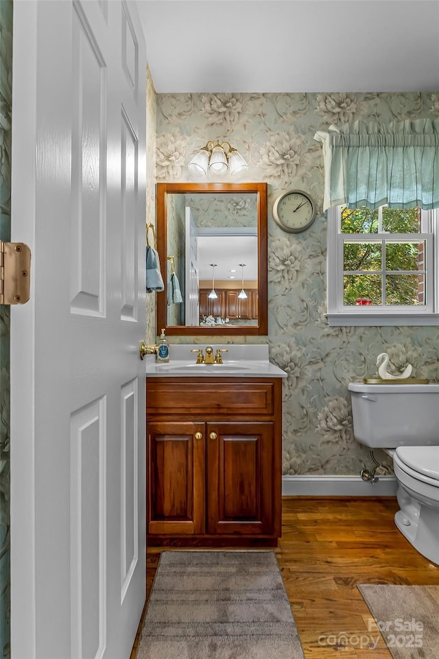 1236 James Farm Rd, Hickory, NC 28602 - bathroom with vanity, wood finished floors, and wallpapered walls
