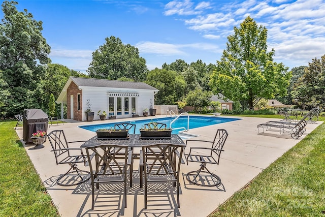 1236 James Farm Rd, Hickory, NC 28602 - swimming pool with a patio, french doors, an outbuilding, and an exterior structure