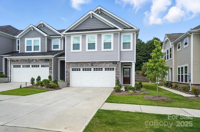 11246 Bartrams Way, Charlotte, NC 28278 - view of front of house featuring stone siding, an attached garage, concrete driveway, and a front lawn