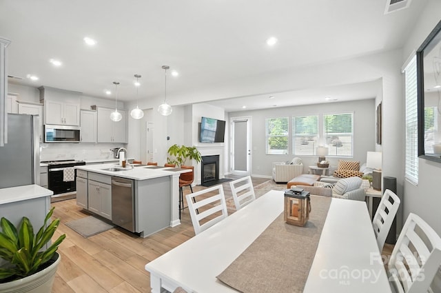 11246 Bartrams Way, Charlotte, NC 28278 - kitchen with stainless steel appliances, gray cabinetry, open floor plan, light wood-type flooring, and light countertops