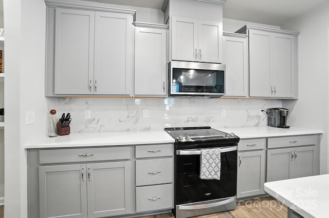 11246 Bartrams Way, Charlotte, NC 28278 - kitchen featuring stainless steel appliances, gray cabinetry, backsplash, and light wood-style flooring