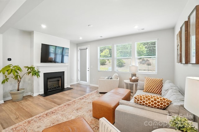 11246 Bartrams Way, Charlotte, NC 28278 - living room featuring wood finished floors, recessed lighting, and a glass covered fireplace