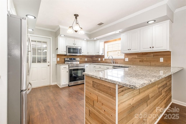 6811 Kluttz Rd, Concord, NC 28025 - kitchen featuring appliances with stainless steel finishes, a peninsula, dark wood finished floors, white cabinetry, and ornamental molding