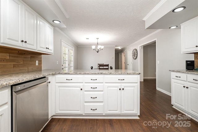 6811 Kluttz Rd, Concord, NC 28025 - kitchen featuring stainless steel dishwasher, ornamental molding, a peninsula, dark wood-style floors, and a chandelier