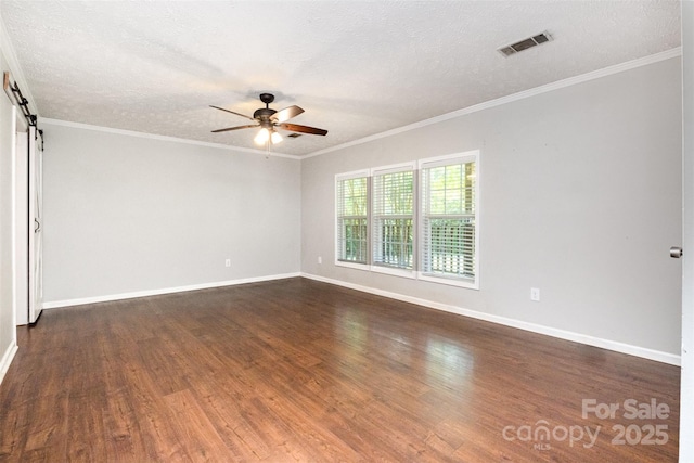 6811 Kluttz Rd, Concord, NC 28025 - unfurnished room featuring a ceiling fan, dark wood-type flooring, a textured ceiling, and ornamental molding