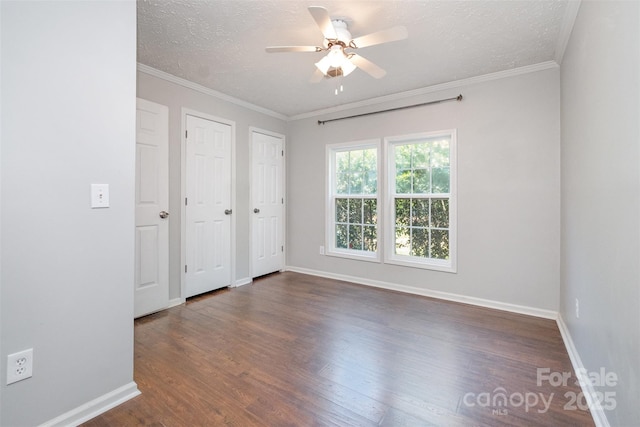 6811 Kluttz Rd, Concord, NC 28025 - unfurnished bedroom featuring wood finished floors, a textured ceiling, crown molding, and a ceiling fan