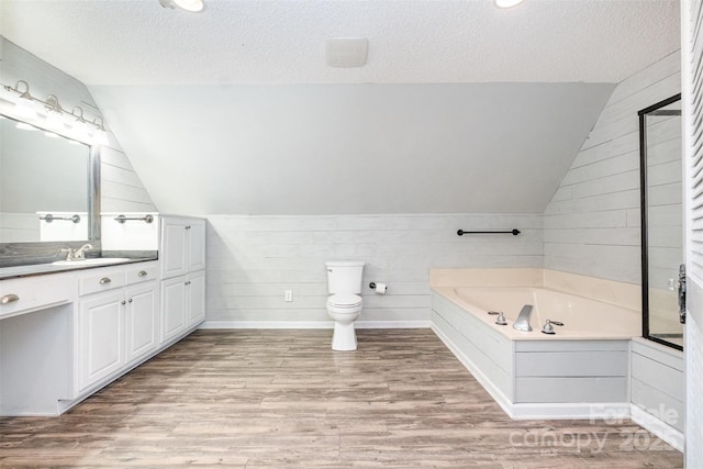 6811 Kluttz Rd, Concord, NC 28025 - full bath featuring lofted ceiling, vanity, wood finished floors, a garden tub, and a textured ceiling