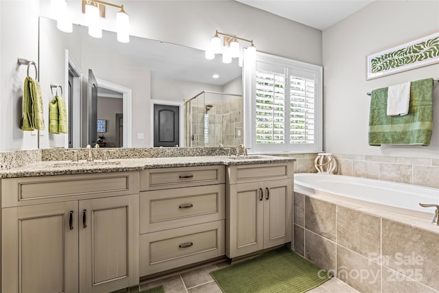 109 Trent Pines Dr, Mooresville, NC 28117 - bathroom featuring a stall shower, double vanity, a bath, and tile patterned floors