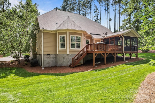 109 Trent Pines Dr, Mooresville, NC 28117 - back of house with a sunroom, stairs, a wooden deck, a yard, and roof with shingles